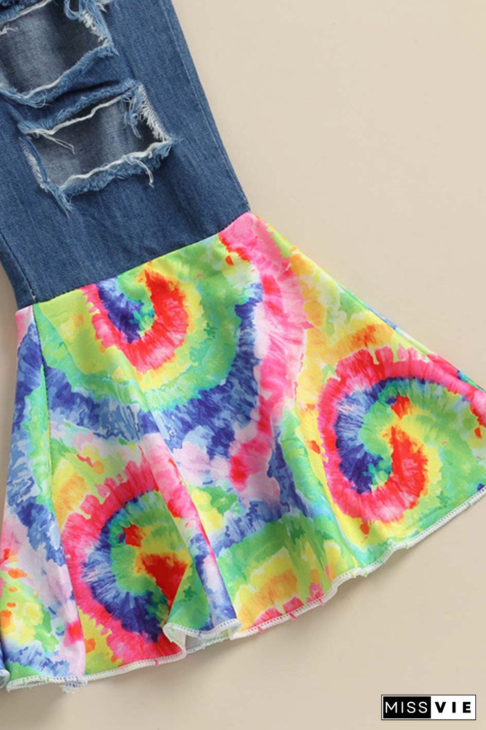 Tassel Top & Tie Dye Denim Flare Pants 2PCS Set Wholesale