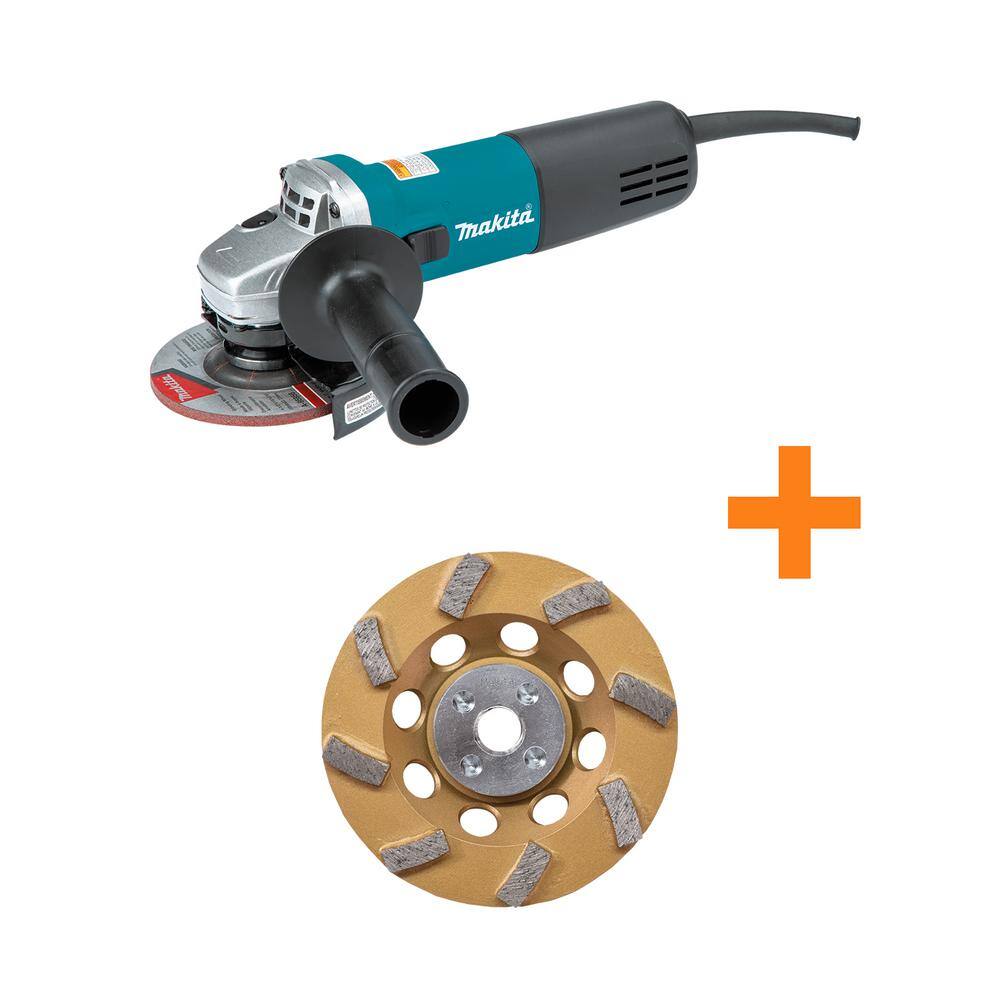 Makita 7.5 Amp Corded 4.5 in. Easy Wheel Change Compact Angle Grinder with bonus 4.5 in. 8 Turbo Segment Diamond Cup Wheel 9557NB-A-96403