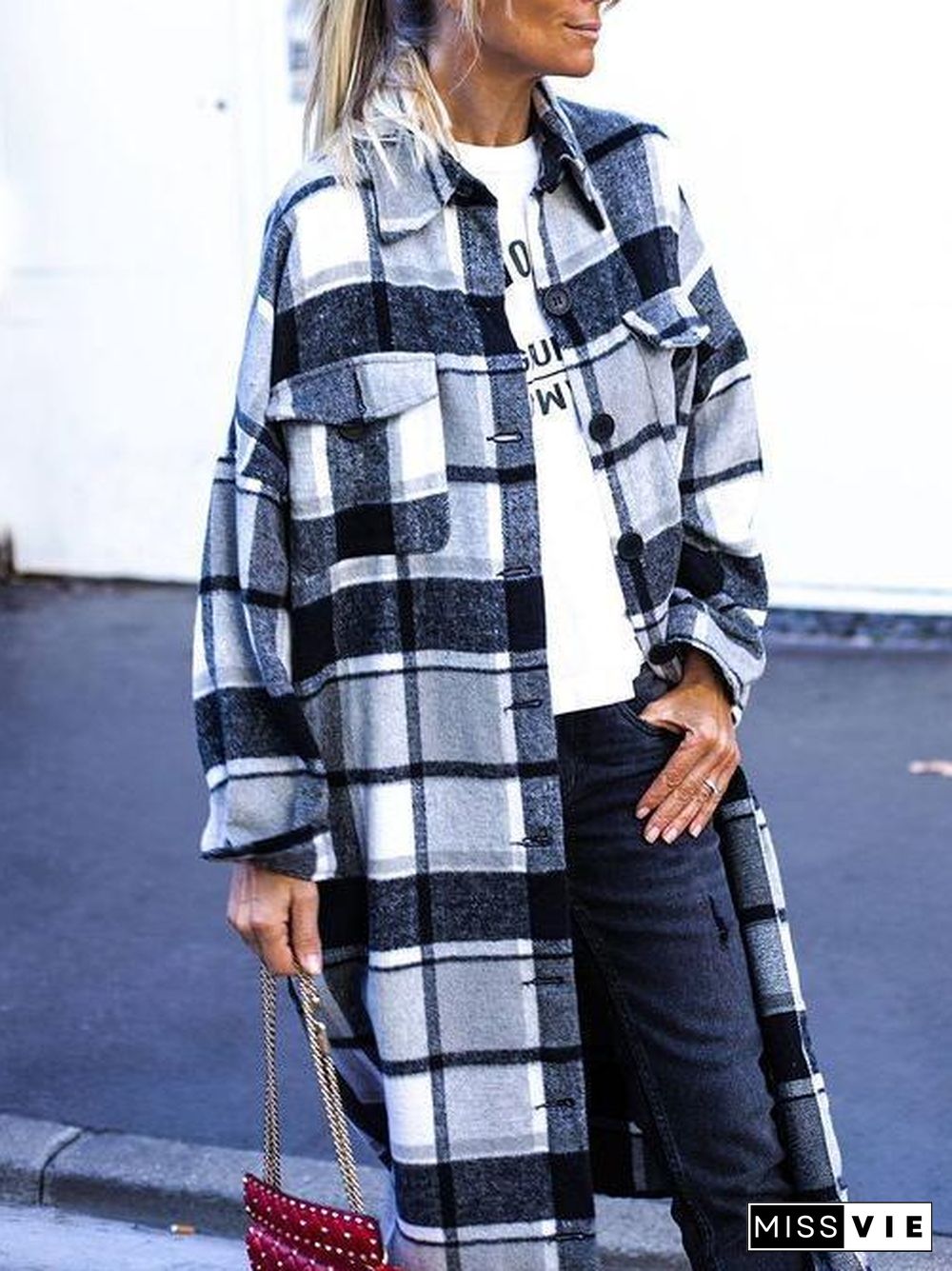 Long Sleeve Plaid Long Coat