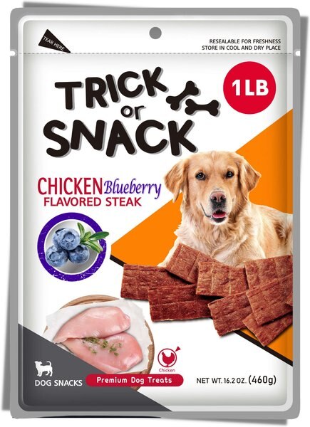 Trick or Snack Chicken and Blueberry Flavored Steak Dog Treats， 1-lb bag