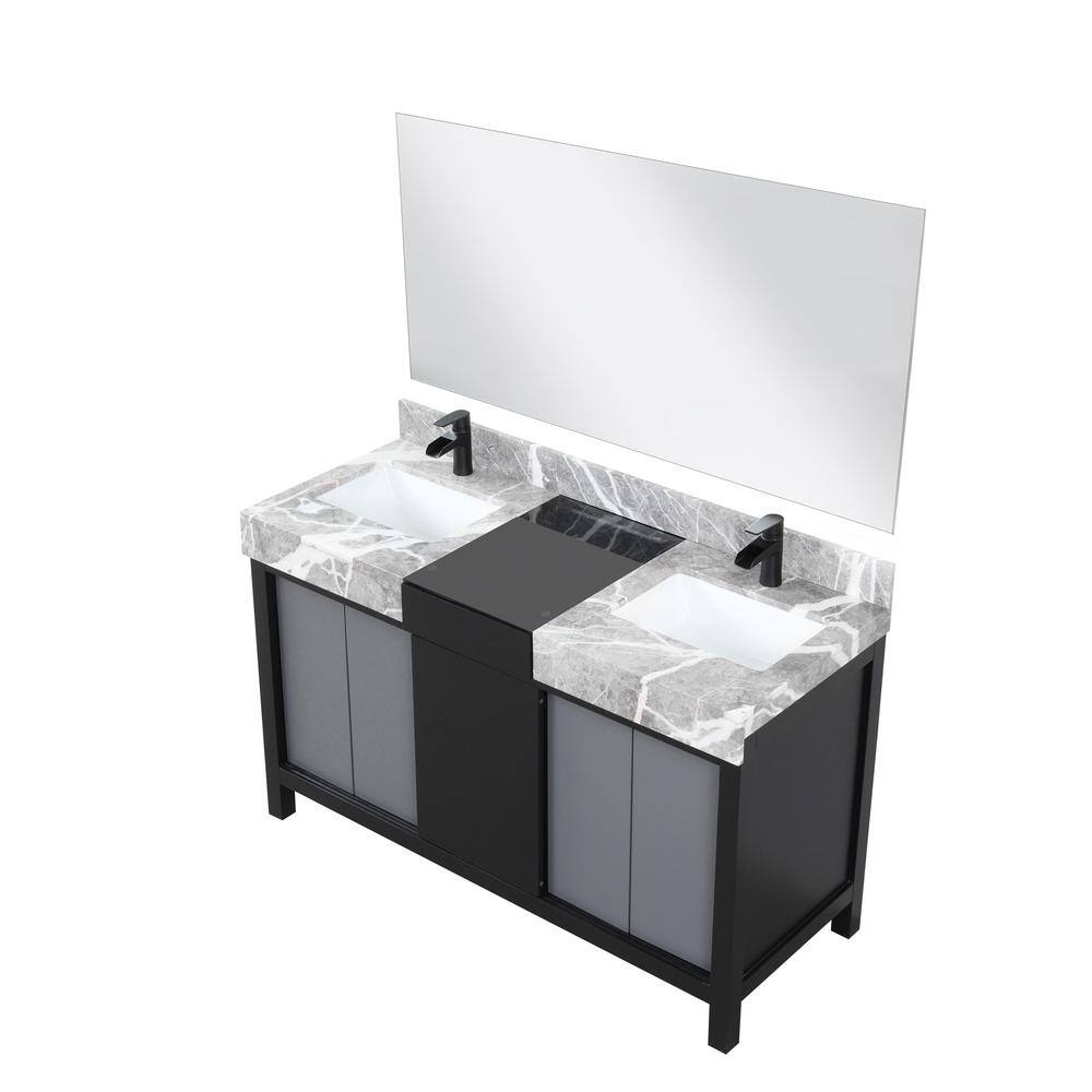 Lexora Zilara 55 in x 22 in D Black and Grey Double Bath Vanity Castle Grey Marble Top Matte Black Faucet Set 53 in Mirror LZ342255SLISM53FCM