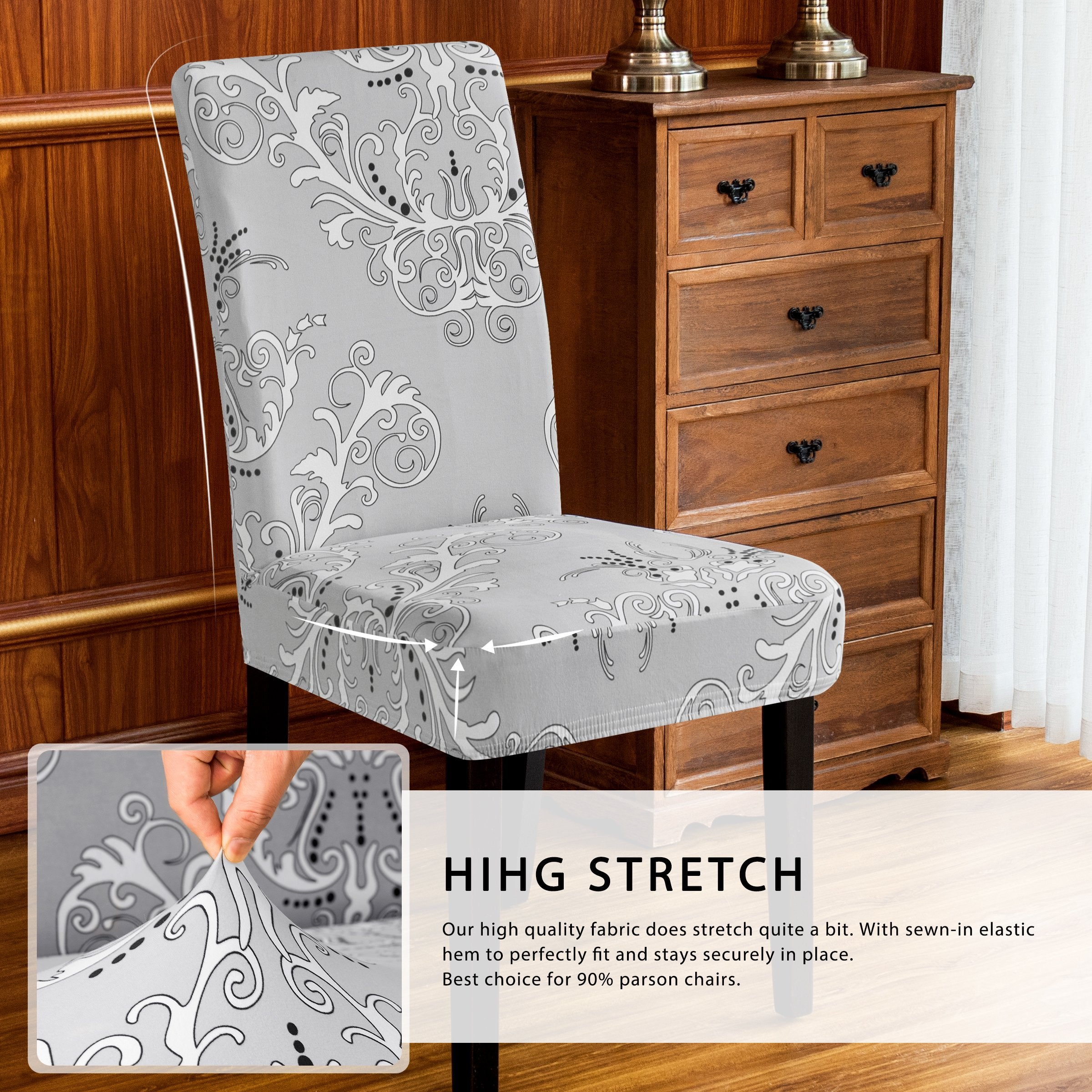 Subrtex Stretch Dining Chair Covers with Elastic Bottom, Printed Floral Stylish Furniture Protector (Set of 4, Gray)