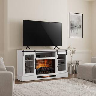 Home Decorators Collection Bramble 63 in. Freestanding Electric Fireplace TV Stand w Sliding Mesh Barn Door in White w Washed Blonde Walnut Top 1361FM-26-352