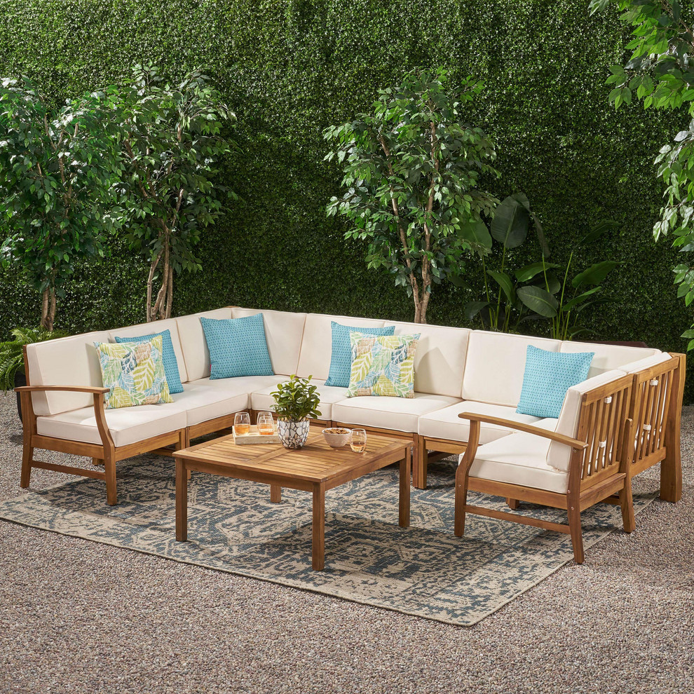 GDF Studio Scarlett Outdoor 8 Seater Acacia Wood Sectional Sofa and Table Set   Transitional   Outdoor Lounge Sets   by GDFStudio  Houzz