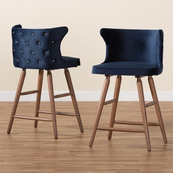 Sagira Modern Velvet Fabric and Walnut Finished 2-PC Counter Stool Set