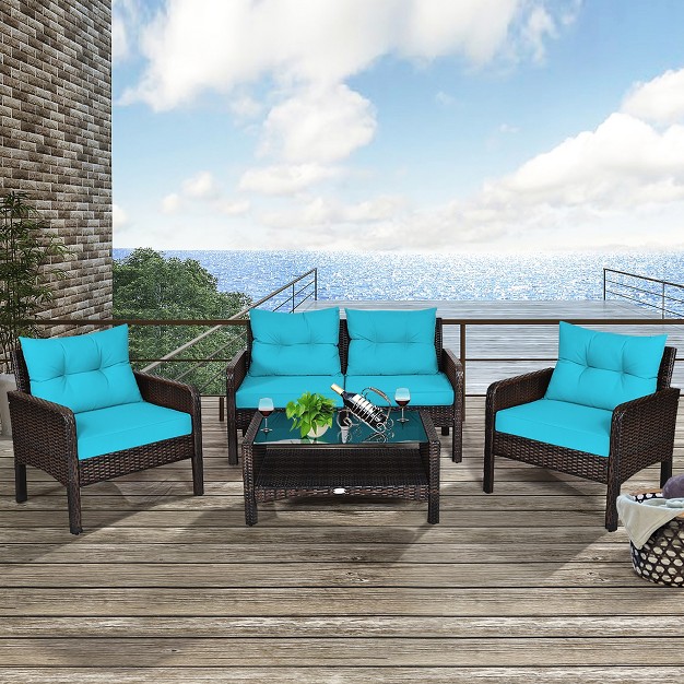 Costway 4pcs Patio Rattan Furniture Set Loveseat Sofa Coffee Table W turquoise Cushion