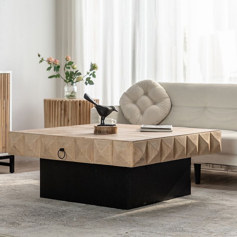 F.C Design 41.33 Three-dimensional Embossed Square Coffee Table with 2 Drawers and MDF Base