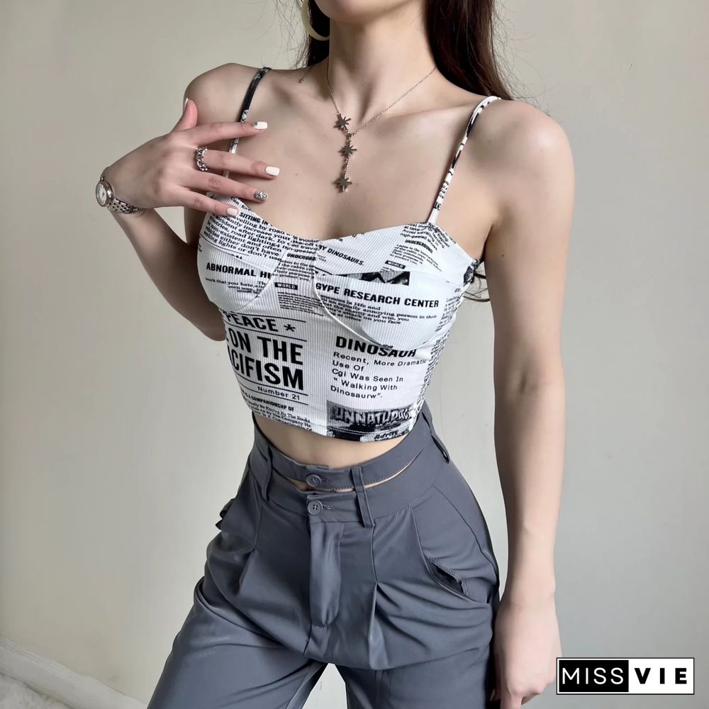 Fashion Retro Newspaper Print Camisole Summer Top With Padded Breasts Harajuku Y2K Tops Women Ropa Mujer Топы