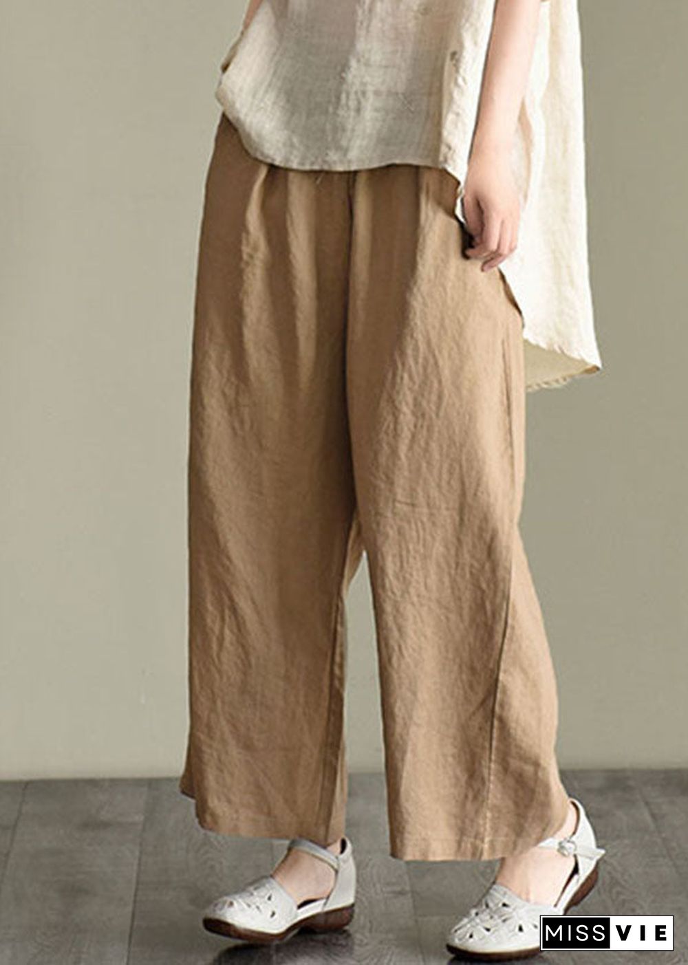 Loose Dark Khaki elastic waist drawstring Linen wide leg pants Spring