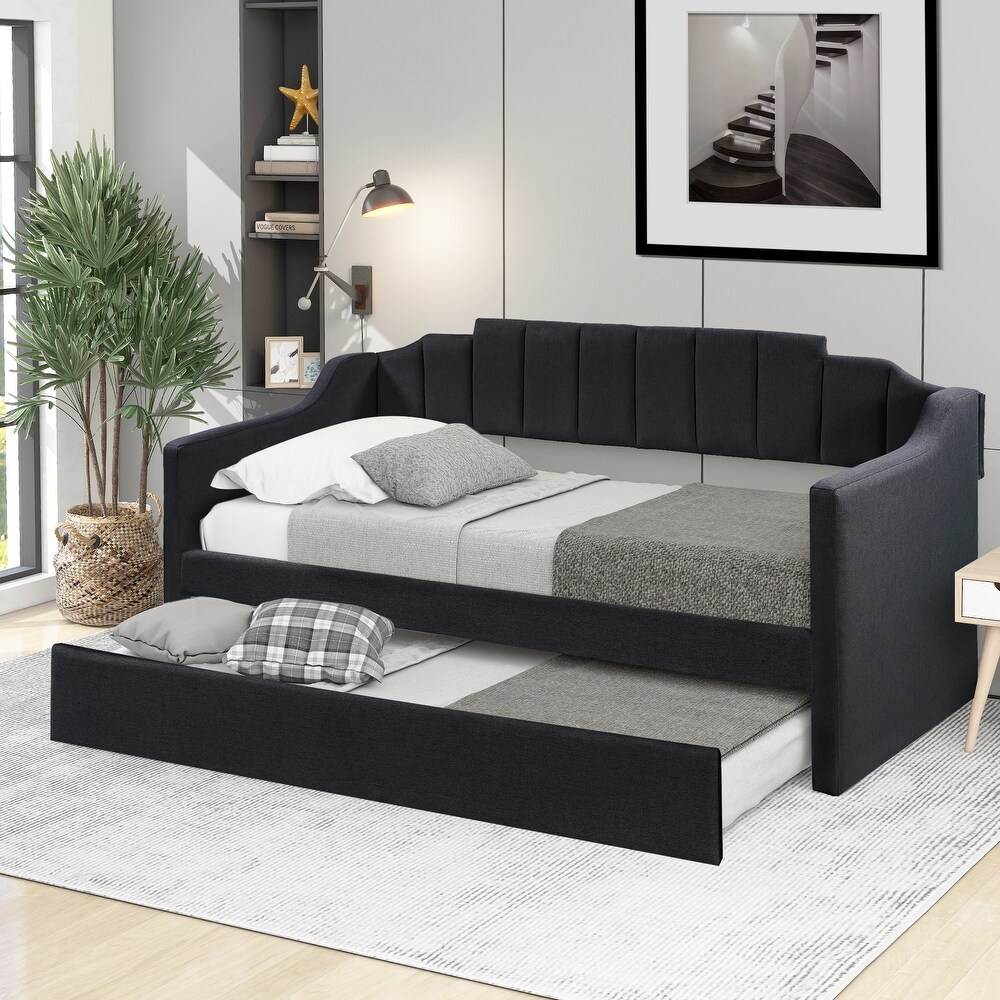 Modern Clean and Distinct Design Black Upholstered Twin Daybed with Wheeled Trundle and Curved Back Swooping Arms for Bedroom