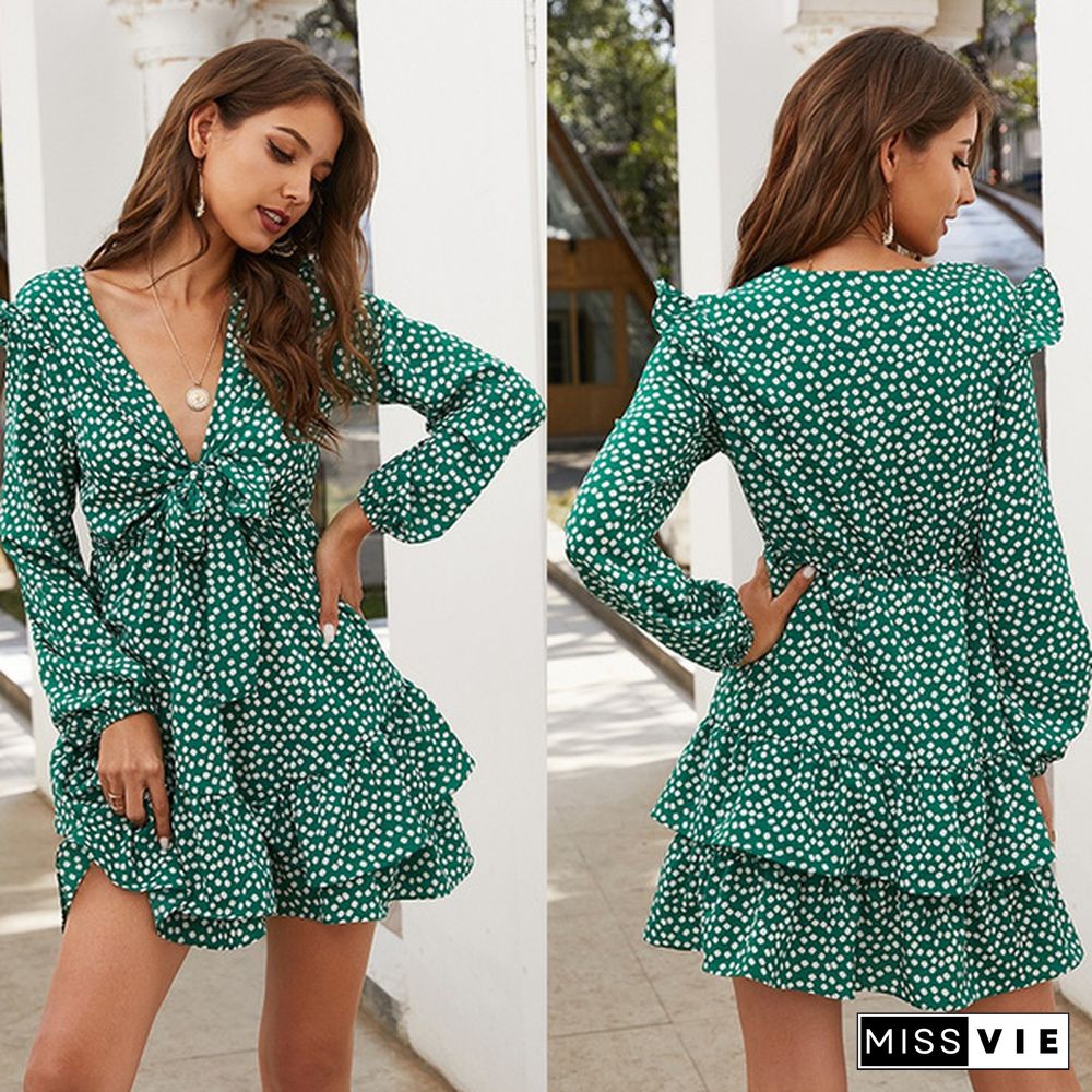 Vintage Bohemian Deep V Neck Ruffle Hem Floral Print Women Shirt Dress