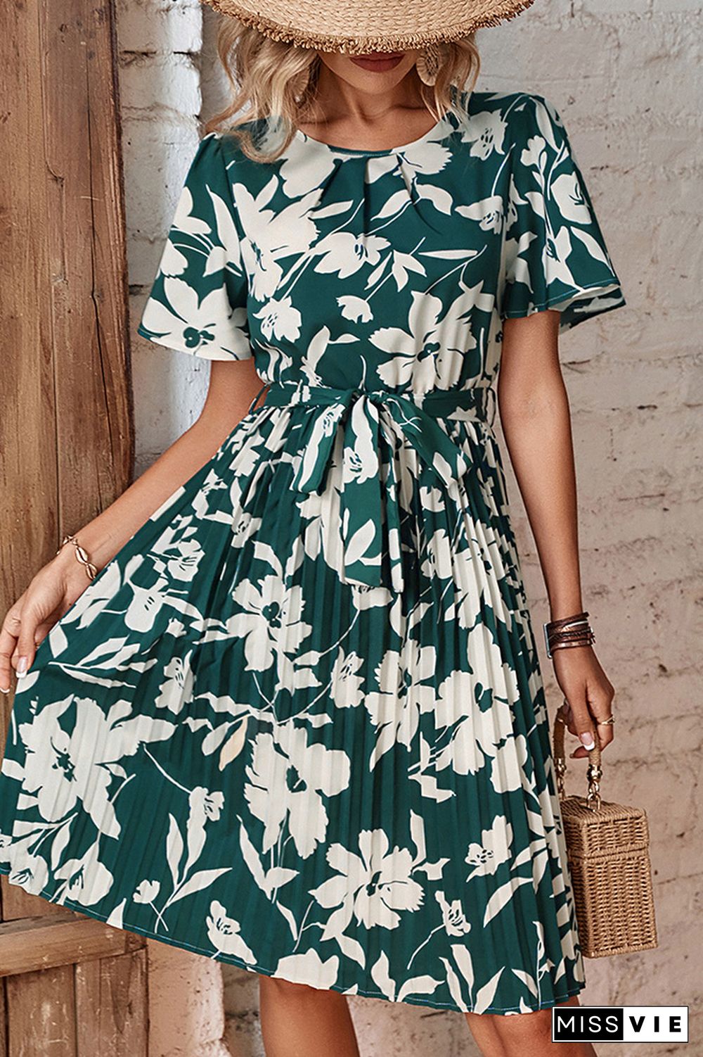 Green Floral Flare Sleeves Pleated Midi Dress