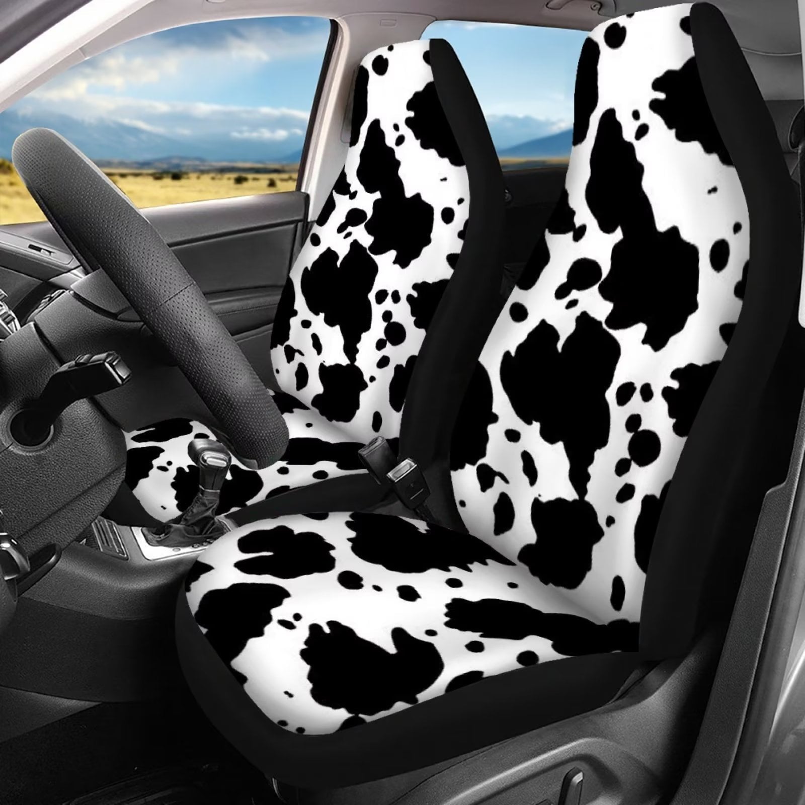 Diaonm Auto Seat Cover for Car Full Set 4 Piece Women Black and White Cow Seat Covers for Car Truck Auto SUV Van Car Accessories Front and Rear Bench Cushion Cover