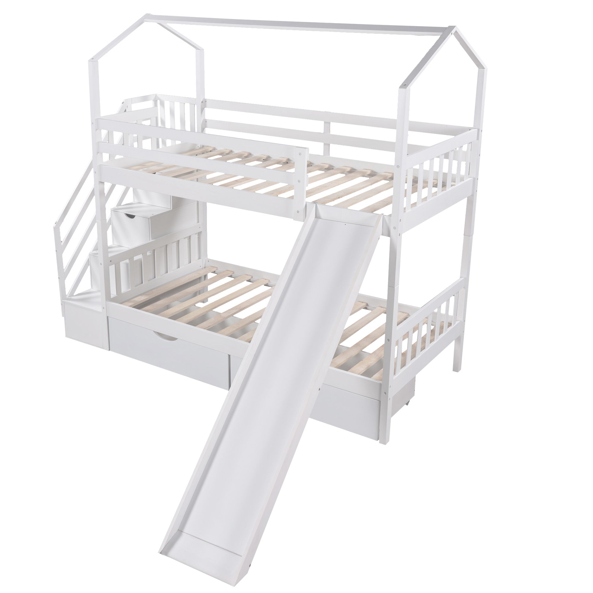 Euroco Twin House Bunk Bed with Storage for Kids, White