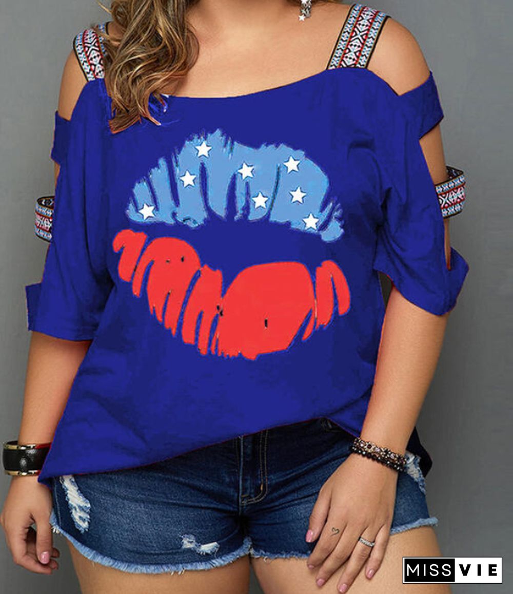 Print Cold Shoulder 3/4 Sleeves Casual Plus Size Blouses