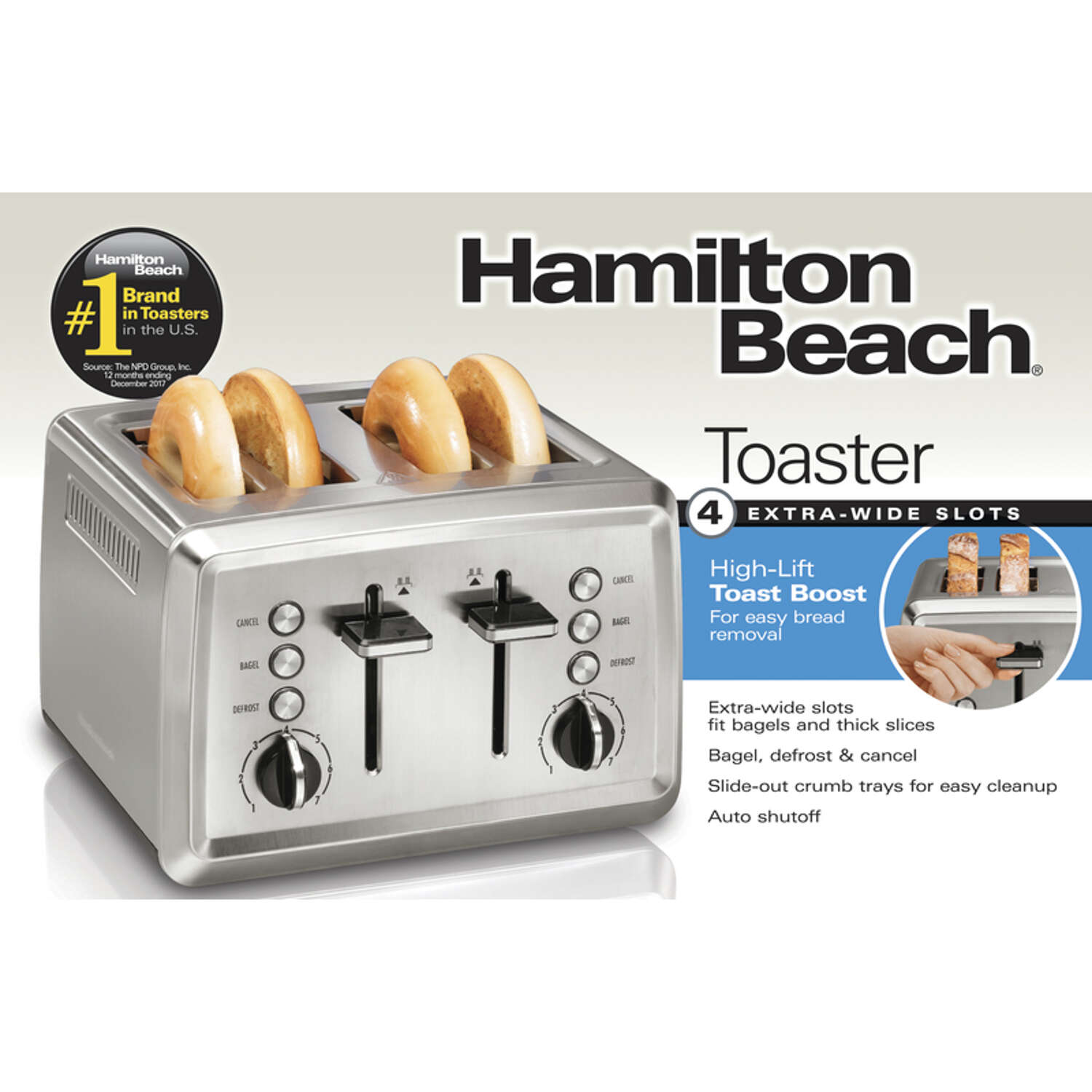 Hamilton Beach Stainless Steel Black/Silver 4 slot Toaster 7.68 in. H X 11.1 in. W X 11 in. D