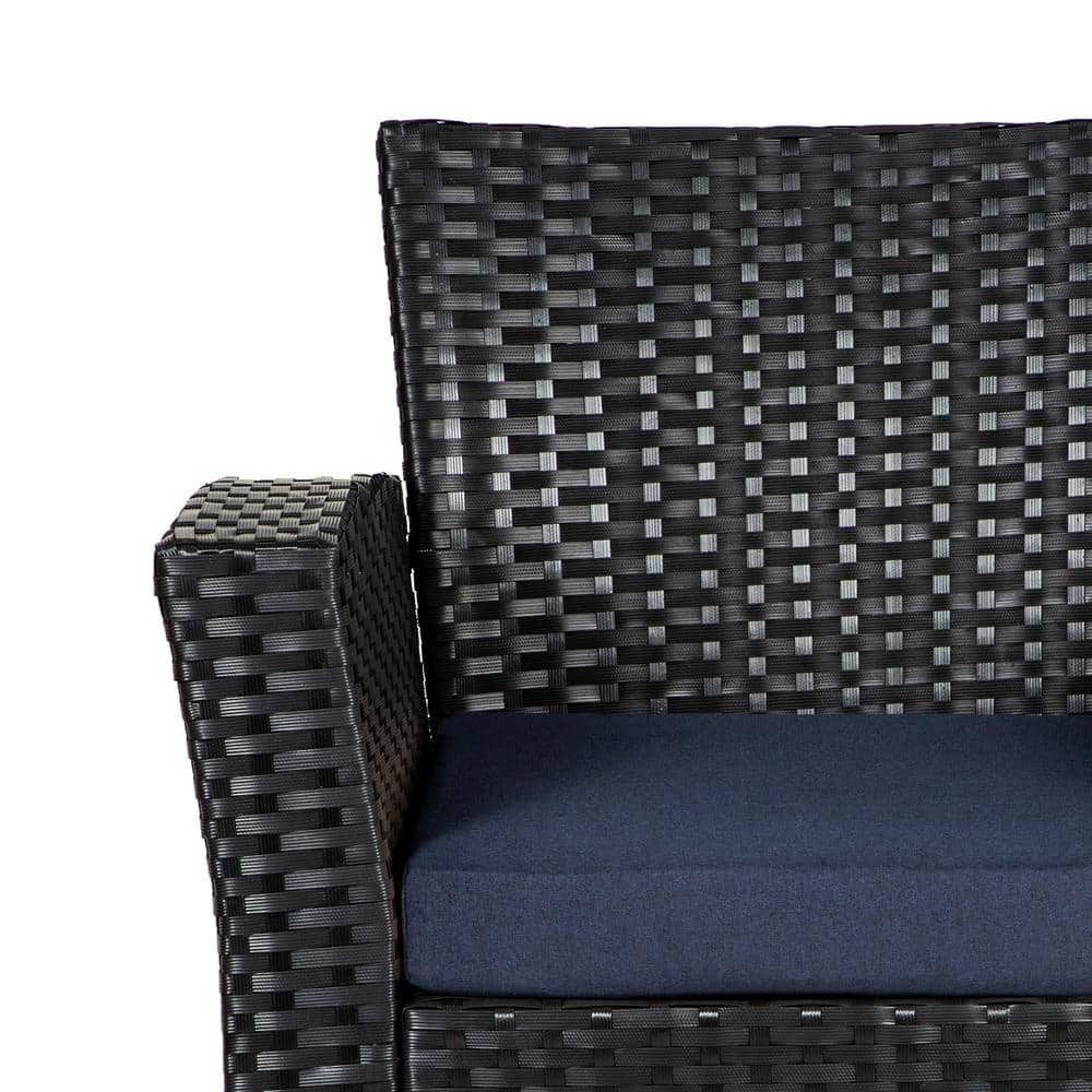 WESTIN OUTDOOR Hudson 4-Piece Black Rattan Wicker Patio Conversation Set with Navy Blue Cushions 1101010-NB