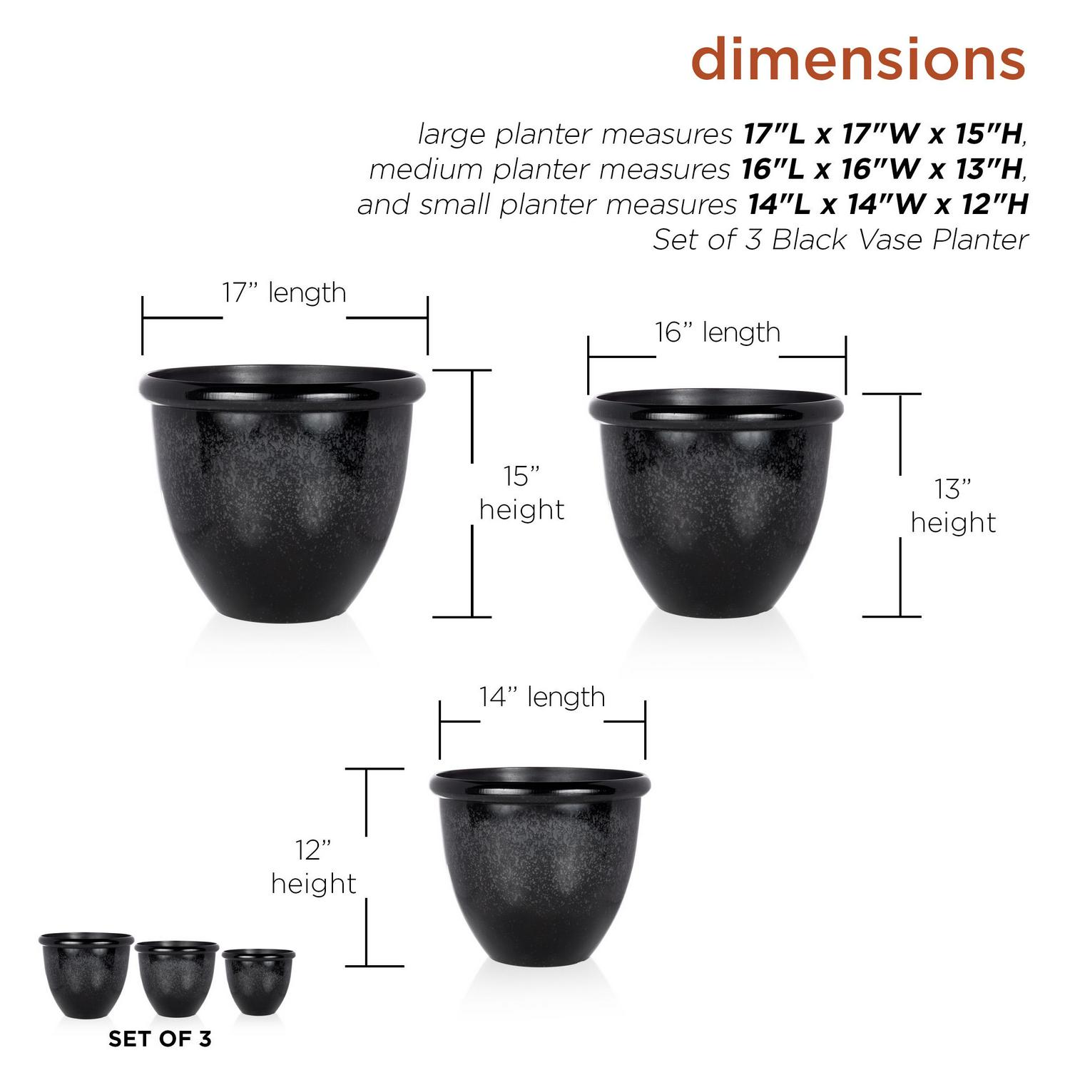 Alpine Corporation Set of 3 Assorted Size Planters with Drainage Holes Speckled Black  Crowdfused