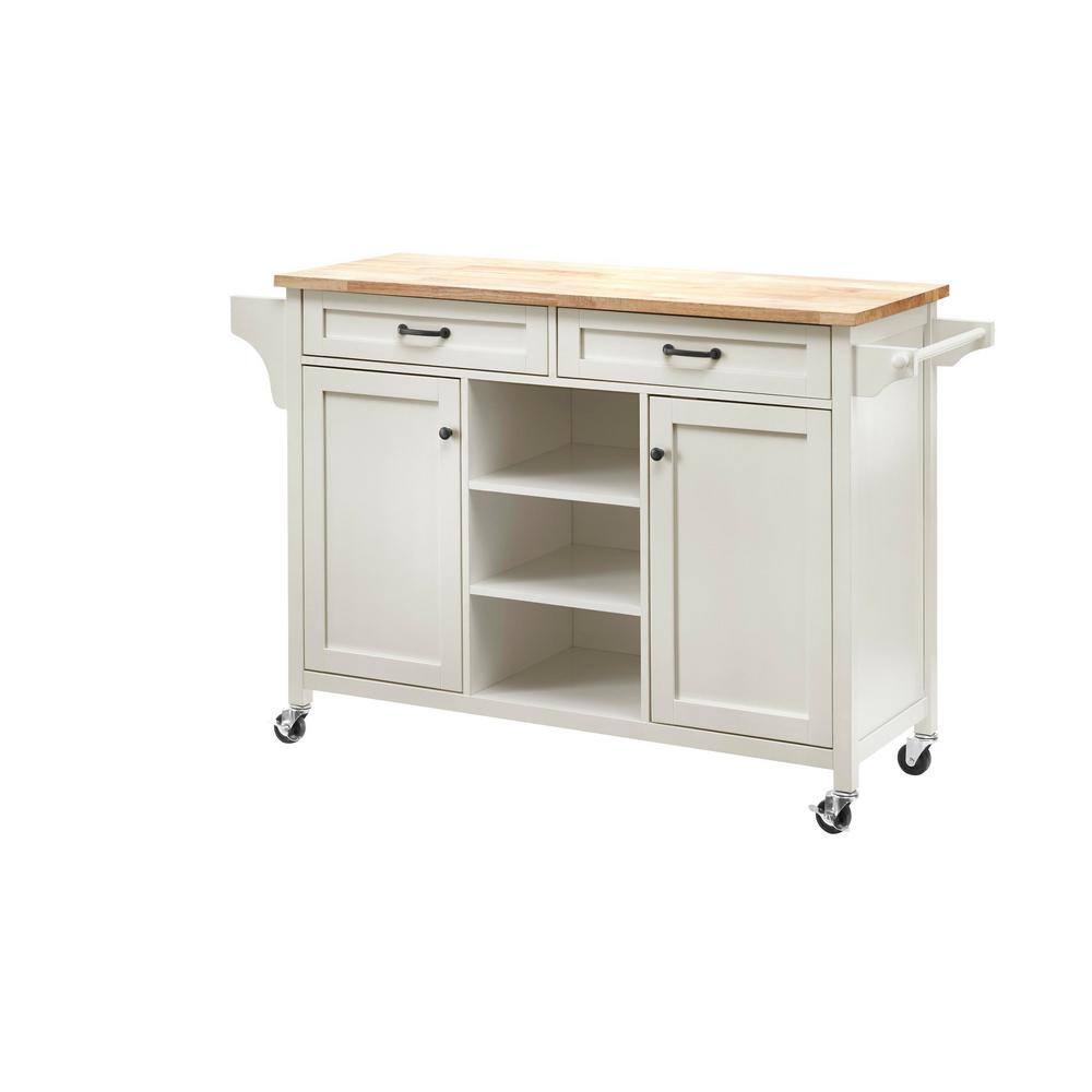 Home Decorators Collection Rockford White Rolling Kitchen Cart with Butcher Block Top and Double-Drawer Storage (56