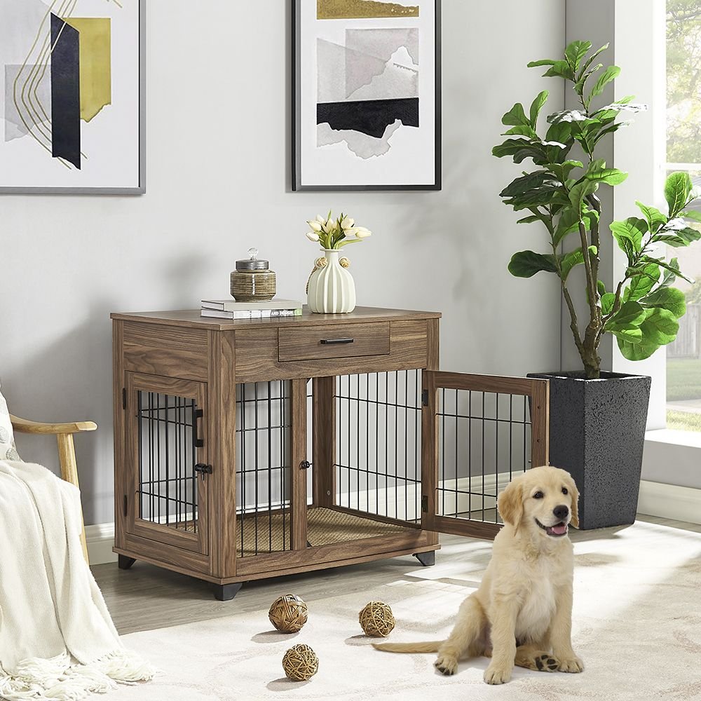 Unipaws Wooden Wire Double Door Furniture Dog Crate