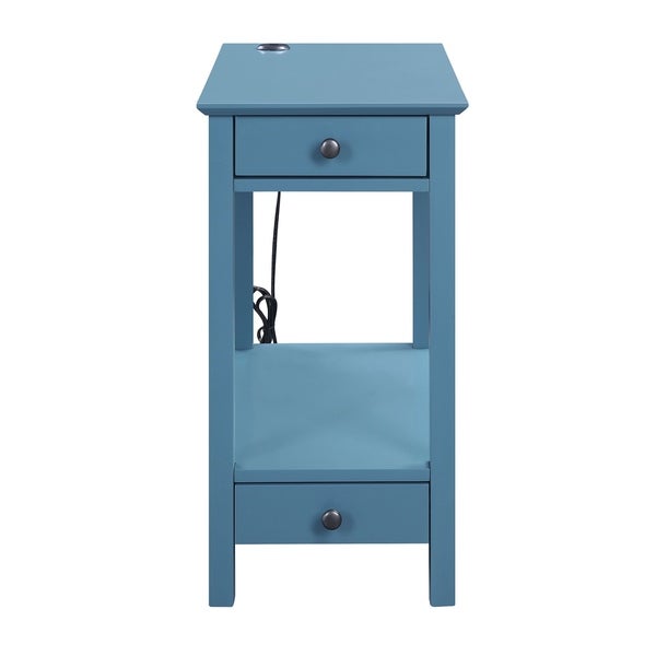 Wooden Frame Side Table with 2 Drawers and 1 Bottom Shelf， Teal Blue