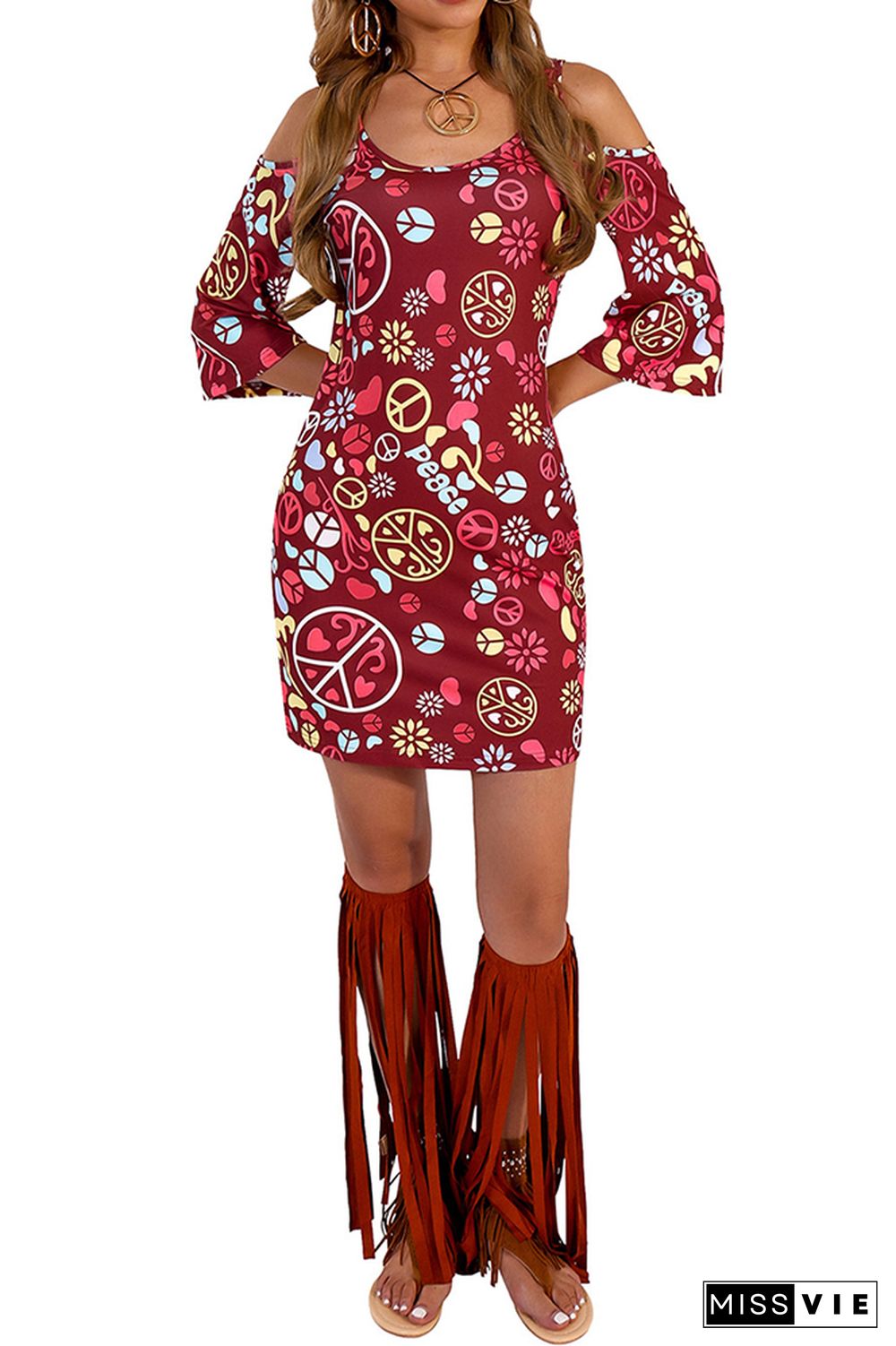 Cold Shoulder Printed Dress with Tassel Vest and Boots Cover and Headband 4pcs Set