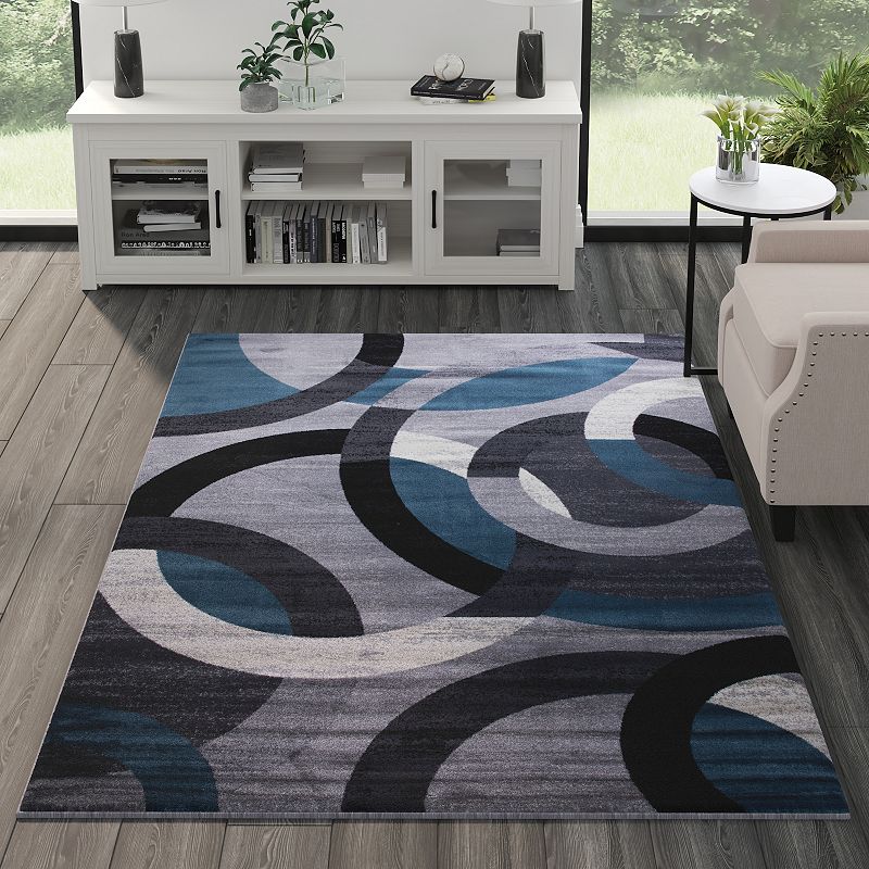 Masada Rugs Masada Rugs， Thatcher Collection Accent Rug with Interlocking Circle Pattern in Blue and Grey with Olefin Facing and Natural Jute Backing - 5'x7'