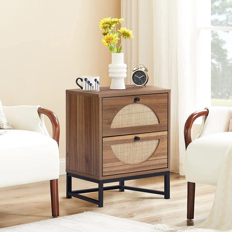 Modern Minimalism Rattan Nightstand  Wood Bedside Table with Two Drawers  Boho End Table  Side Table for Living Room  Bedroom