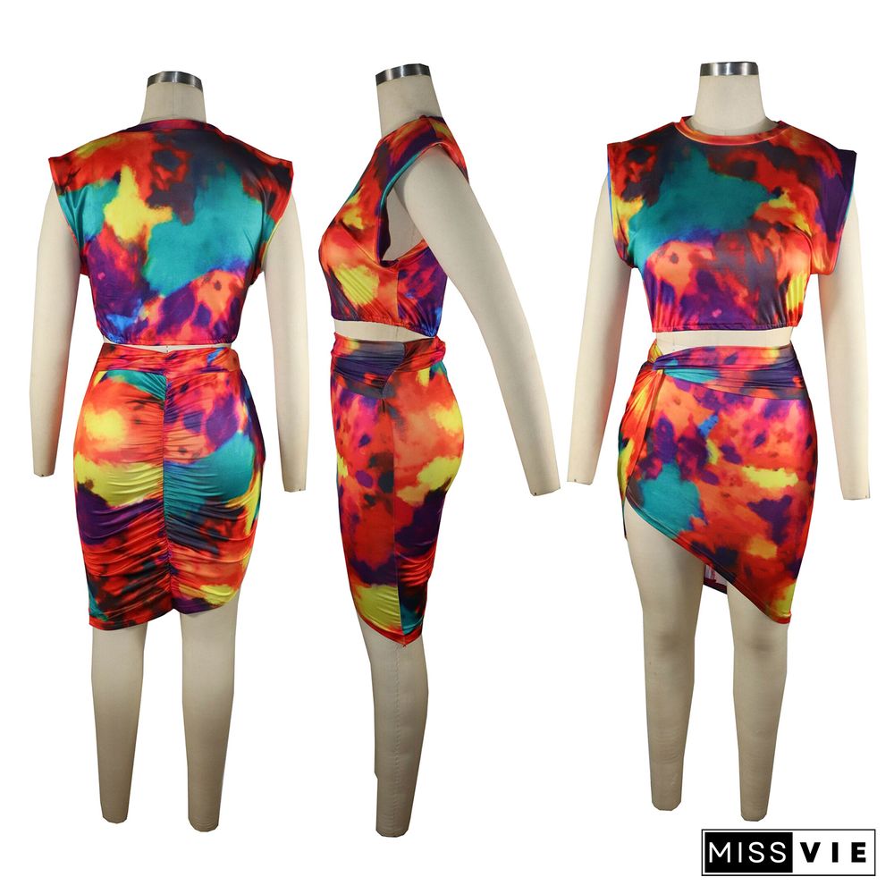 Tie-Dye Print Knotted Pleated Skirt Set