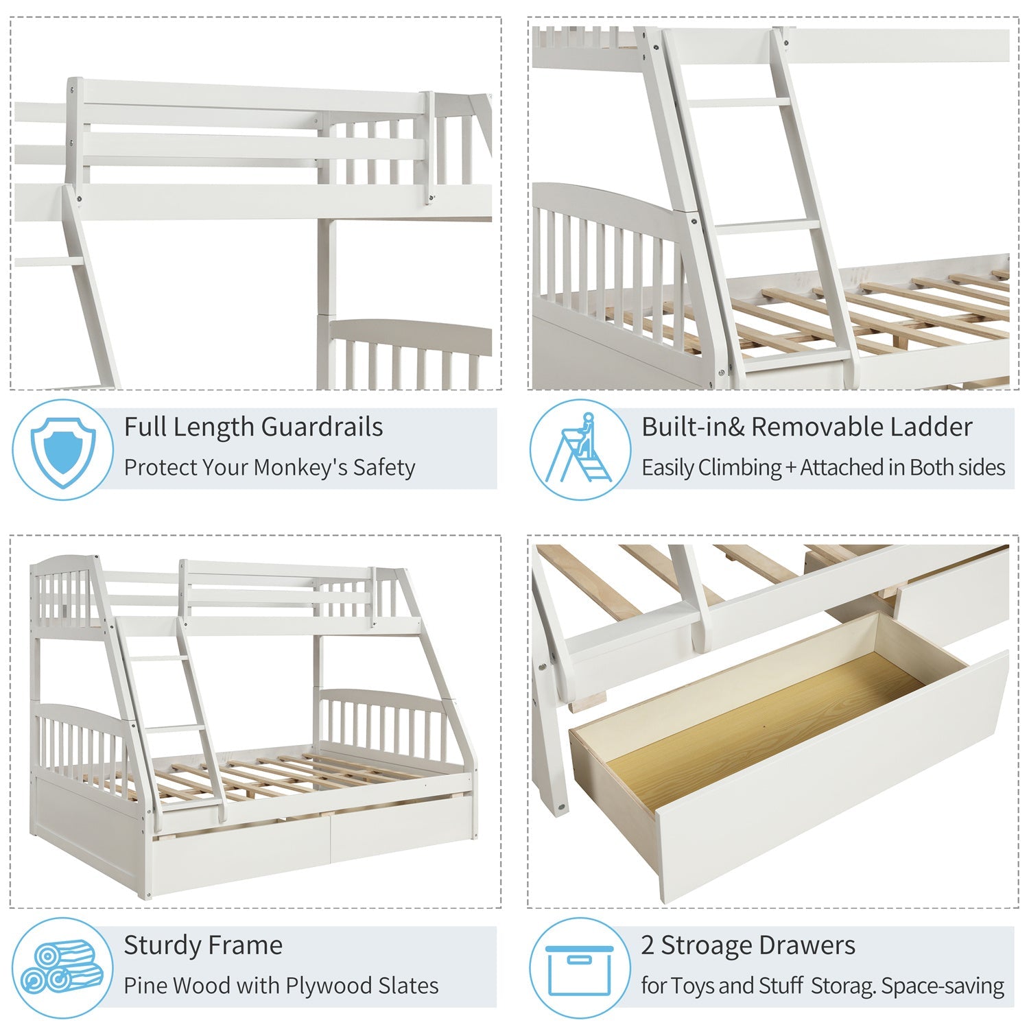 Twin Over Full Bunk Bed with Two Storage Drawers, Pinewood Bed Frame and Ladder with Guard Rails for Toddlers, Kids, Teens, Boys and Girls, White