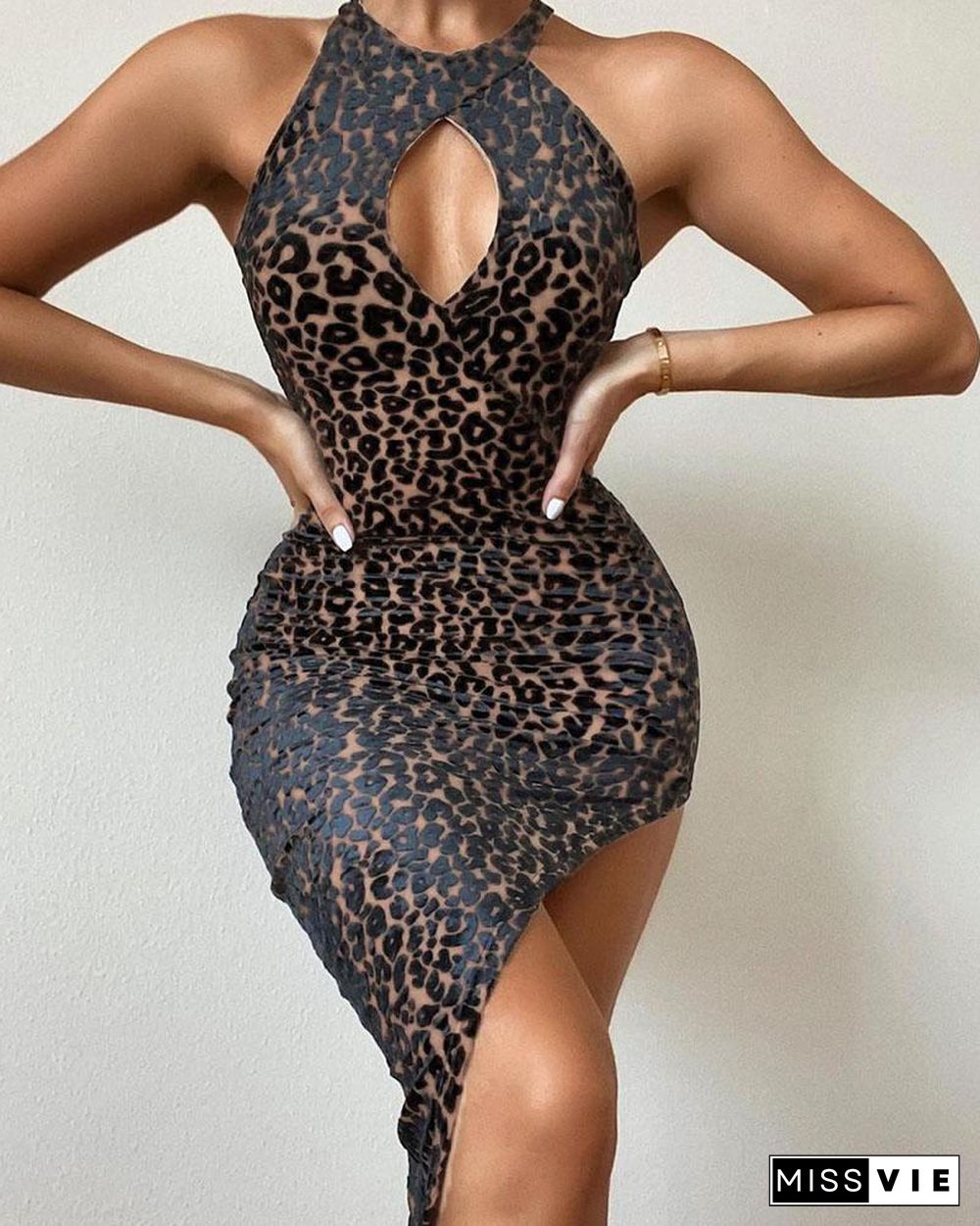 Leopard Print Cutout Split Thigh Bodycon Dress