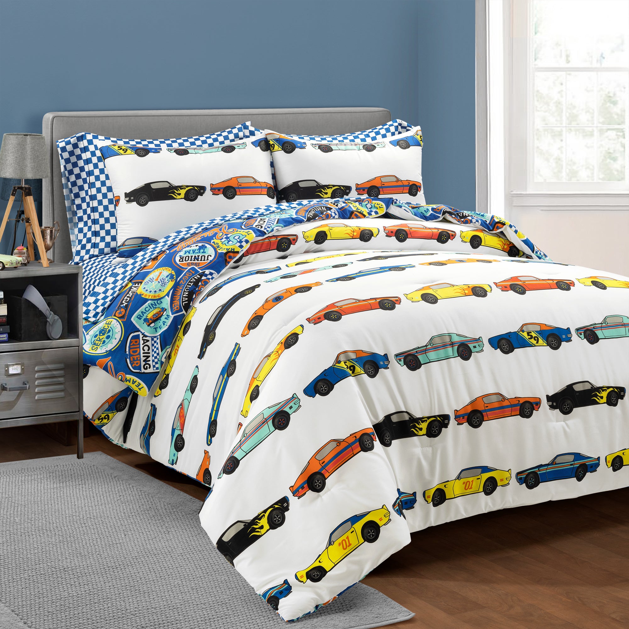 Race Cars Reversible Comforter Set + Sheet Set Combo