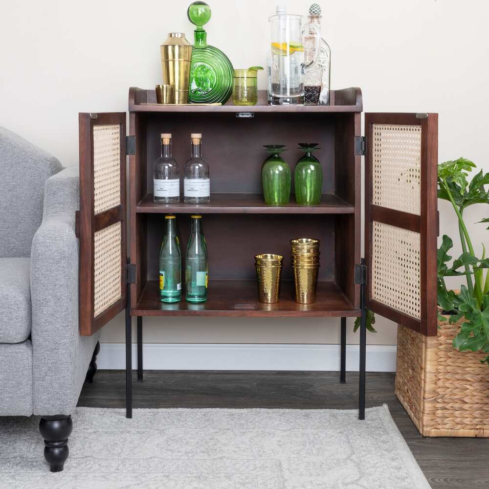 Wood and Metal Bar Cabinet with Cane Panels