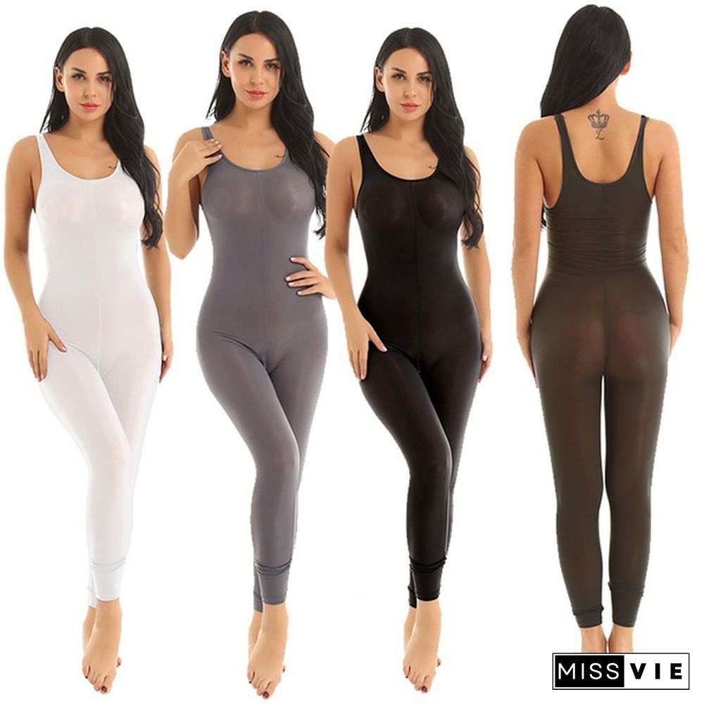 Women's See Through Sheer Sleeveless Scoop Neck Tank Unitard One Piece Bodysuit Jumpsuit