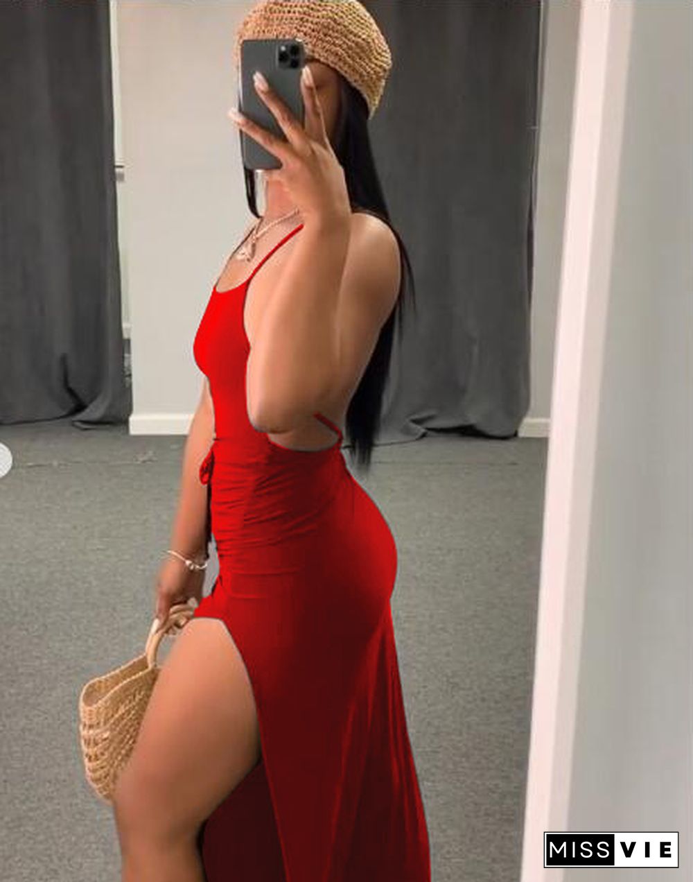 Women Sexy Solid Backless Halter Sling Bandage High Side Slit Slinky Evening Party Long Maxi Dress