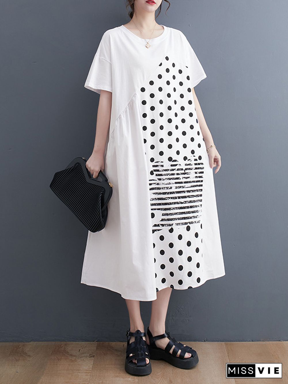 Irregularity Oversize Printed Striped Polka-Dot Split-Joint Round-Neck Midi Dresses