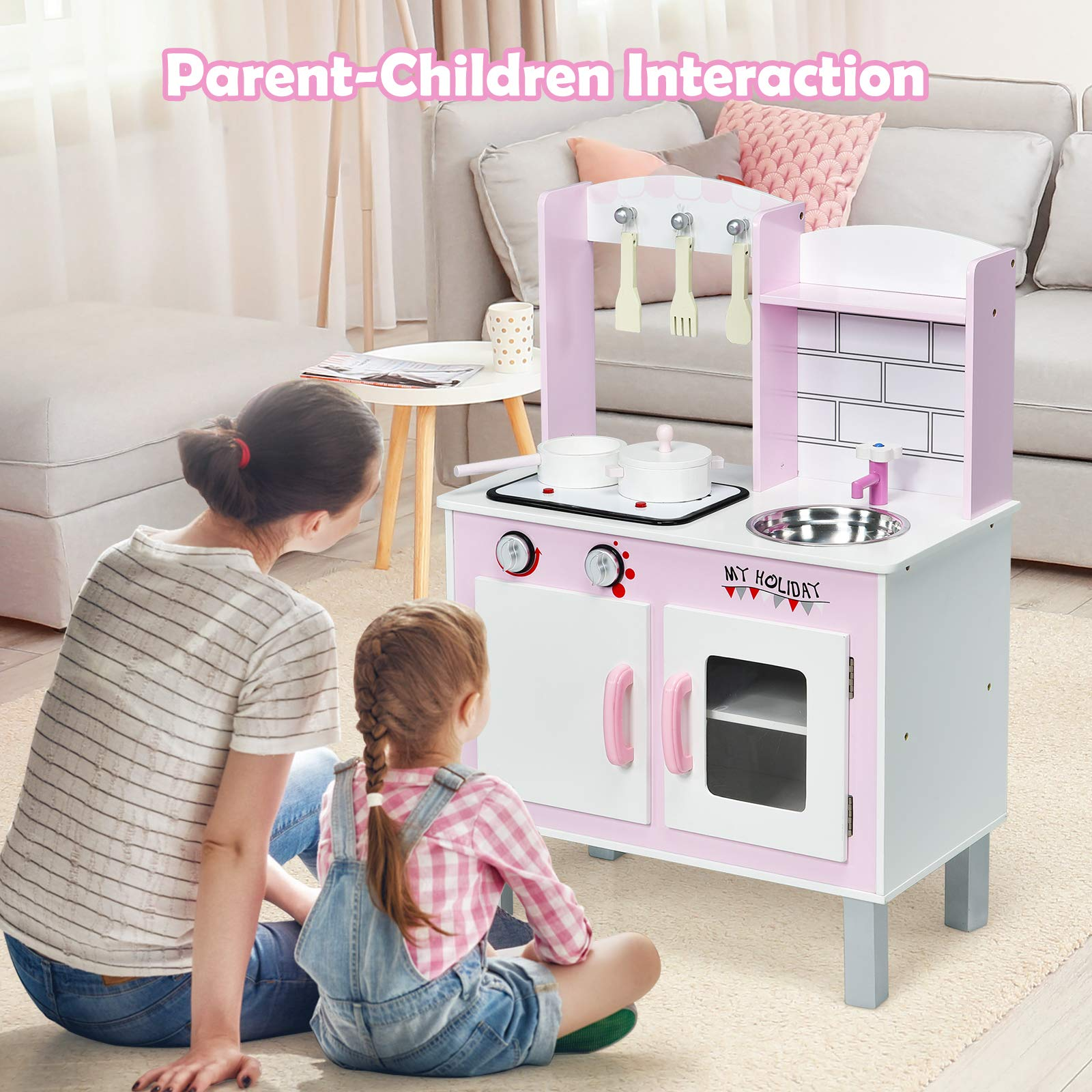 Costzon Kids Kitchen Playset, Wooden Pretend Play Cooking Set with Realistic Lights & Sounds (Pink)