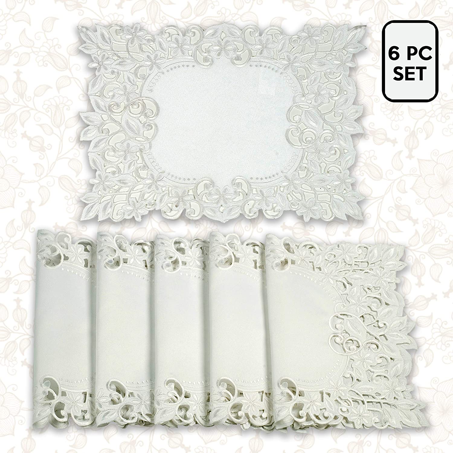 White Placemats Set of 6 - Rectangle Lace Linen Place Mats European Embroidery - Perfect for Kitchen Dining Room Table Home Decor Wedding Receptions - 14 x 20 inches - The Darvin Collection