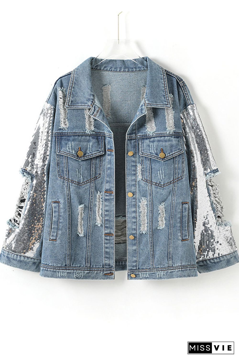 Blue Ripped Splicing Sequin Denim Jacket