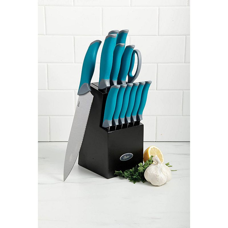 Oster Lindbergh 14 Piece Stainless Steel Cutlery Set Black Block， Teal/Black