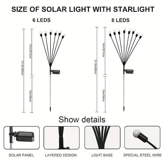 Solar Garden Light Waterproof Firefly Lights Outdoor Starburst Swaying Lights 2 Modes 6/8/10 Heads for Yard Patio Pathway Decoration