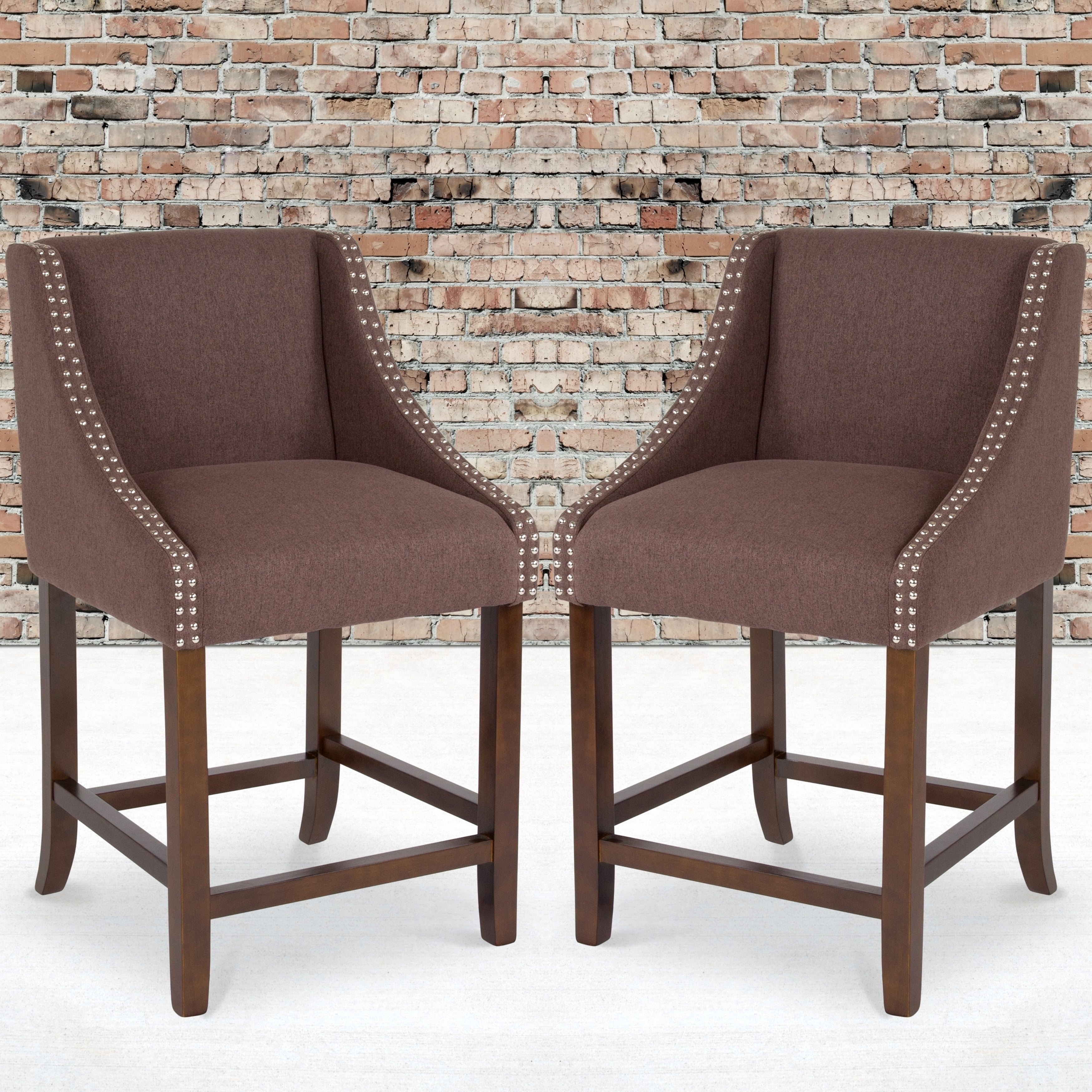 Brown Fabric Upholstered Counter Height Dining Stools with Nailhead Trim