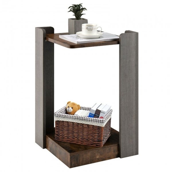 2 Tier Sofa Side End Table with Storage Shelf for Small Spaces-Coffee - 15