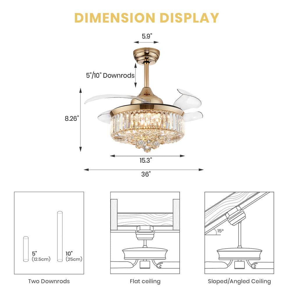 ANTOINE 36 in Integrated LED Indoor Gold Crystal Chandelier Retractable Blades Ceiling Fan with Light and Remote