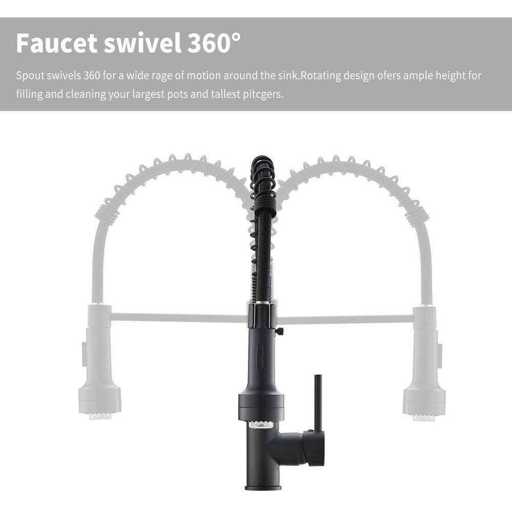 Fapully Single-Handle Pull Down Sprayer Kitchen Faucet with 360 Rotation and LED Lights in Matte Black DFA-1003B-LED