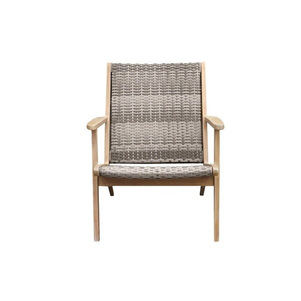 3 Piece Outdoor Set 2 Chairs and End Table， Gray Woven Wicker， Brown Acacia