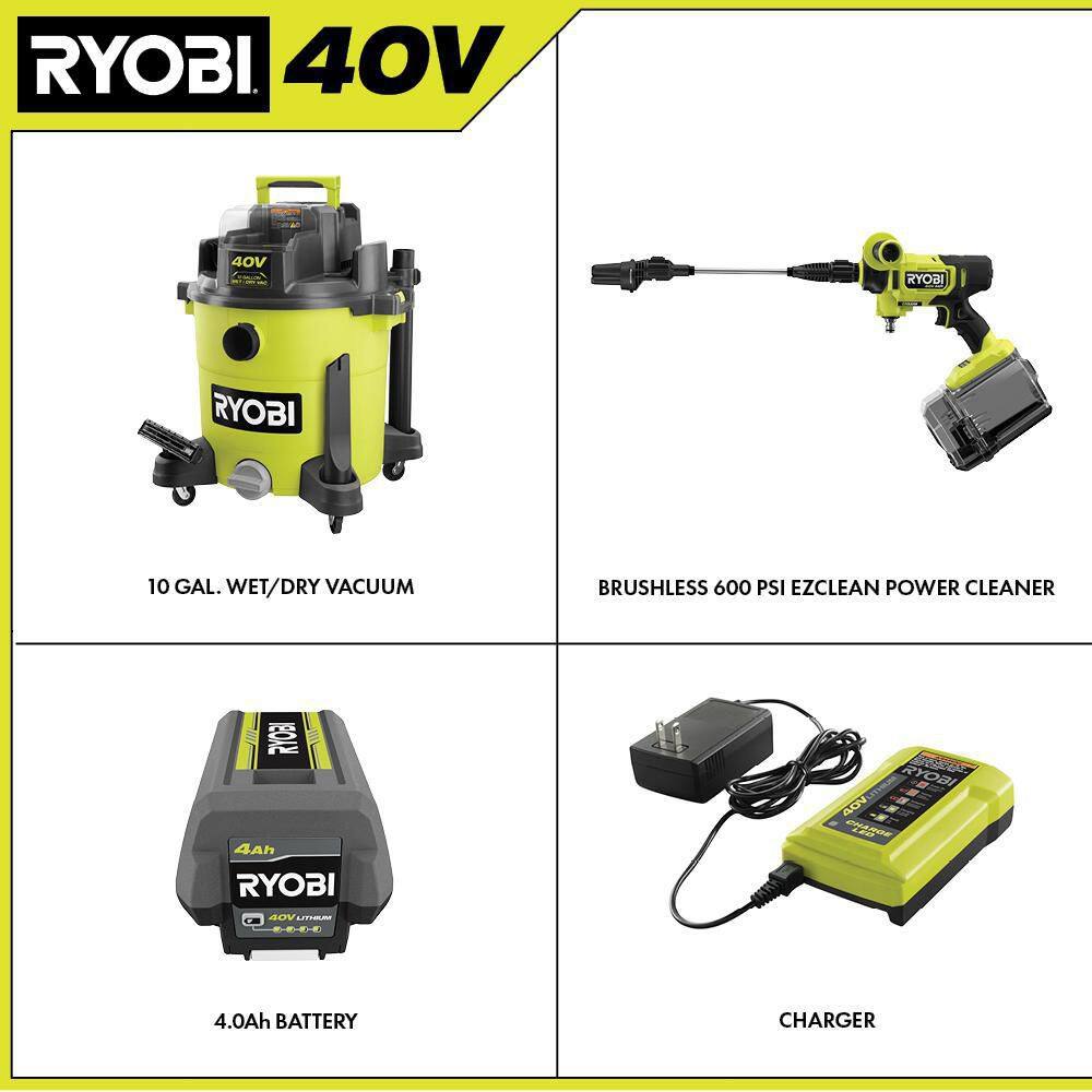 RYOBI 40V 10 Gal. Cordless WetDry Vacuum with 40V HP Brushless EZClean 600 PSI Power Cleaner 4.0 Ah Battery and Charger RY40WD01K-RY124050VNM