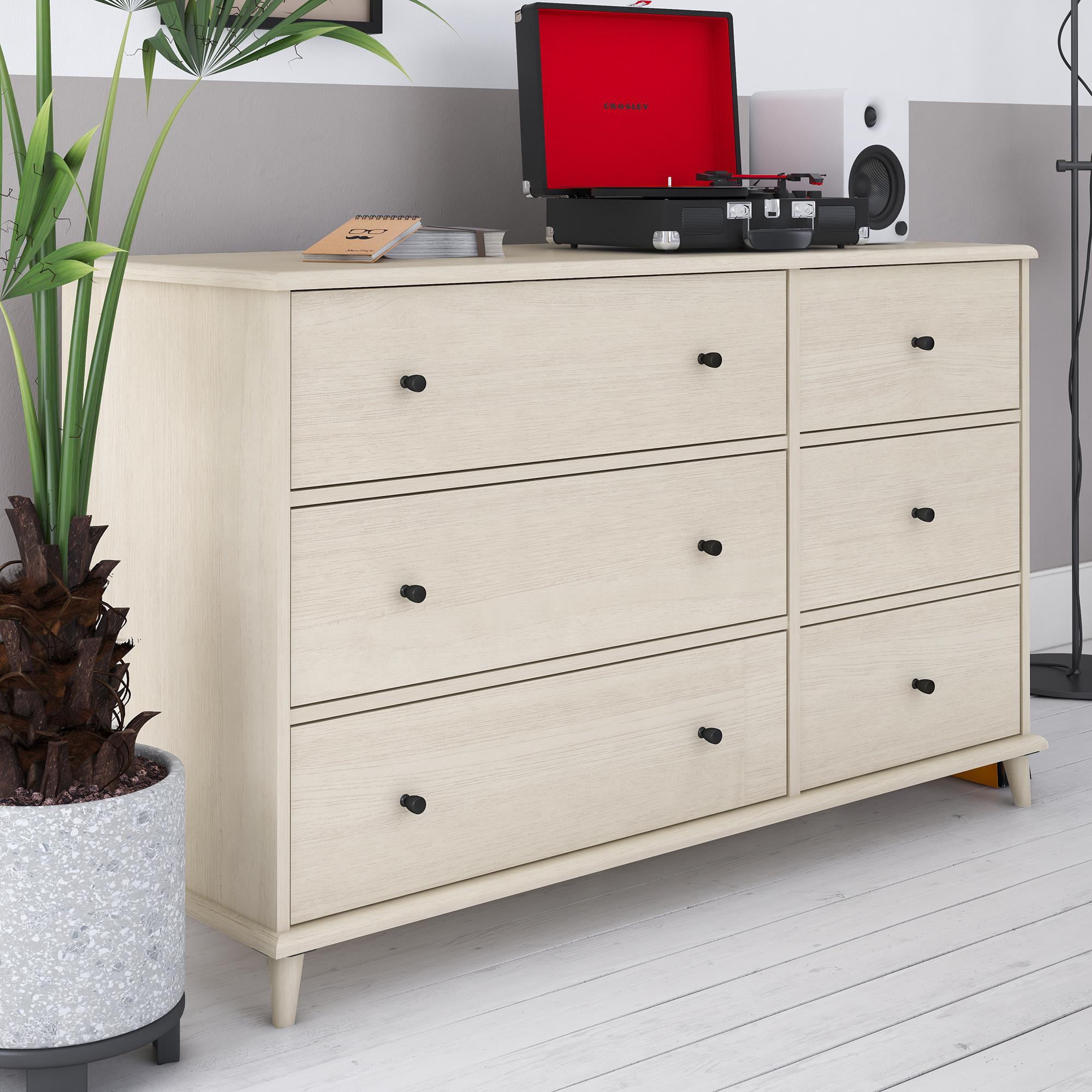 Queer Eye Farnsworth 6 Drawer Mid-Century Modern Dresser, Ivory Oak