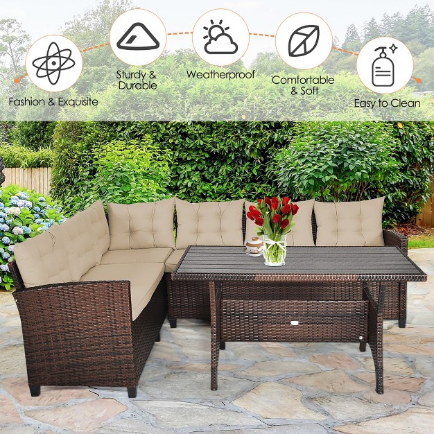 Costway 3pcs Rattan Dining Set Patio Furniture 6 Seats Sofa Cushioned