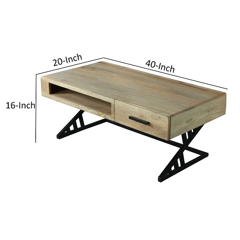 40 Inch Handcrafted Industrial Mango Wood Coffee Table， 1 Drawer， Metal Frame， Light Brown and Black